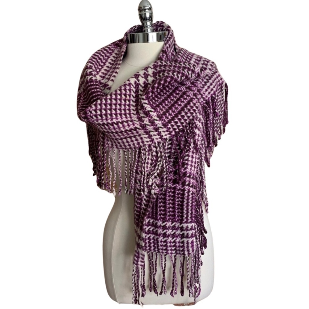 LOFT Scarf Plaid Woven Fringe Purple Brown Cream Metallic